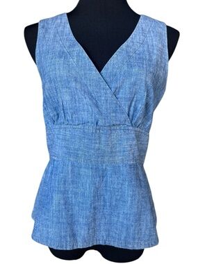 GAP Chambray Sleeveless Top Women’s Medium Blue V-Neck Peplum 100% Cotton